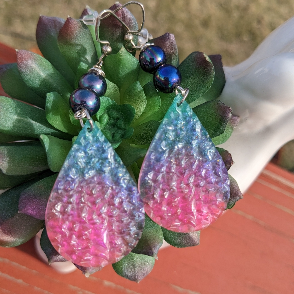 Druzy Earrings Colorful Handmade Epoxy Resin Artisan Teardrop Purple Beads